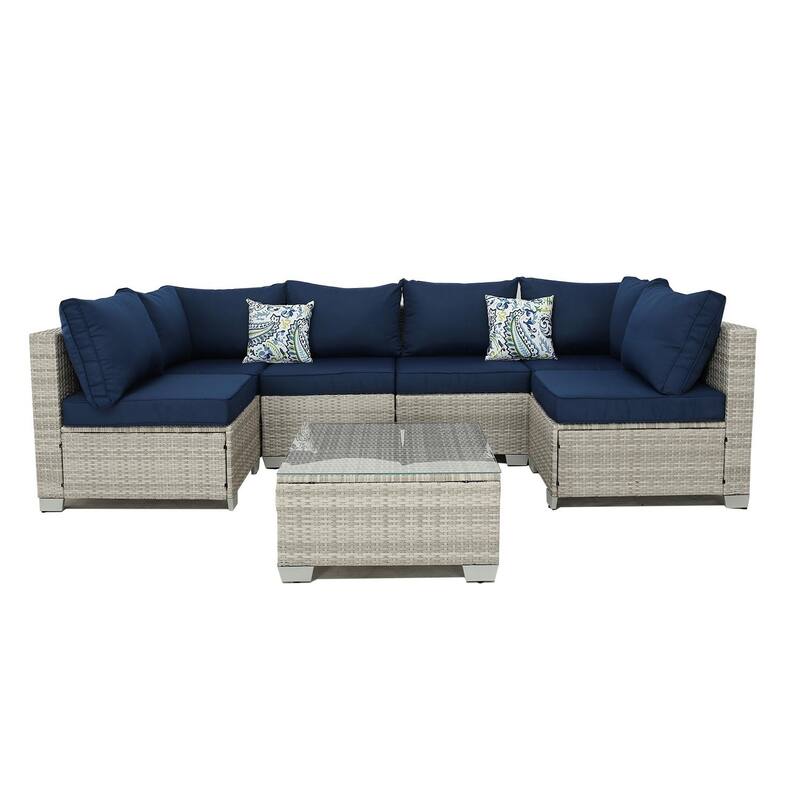 7-Piece Wicker Outdoor Sectional Set with Glass Table and Cushions
