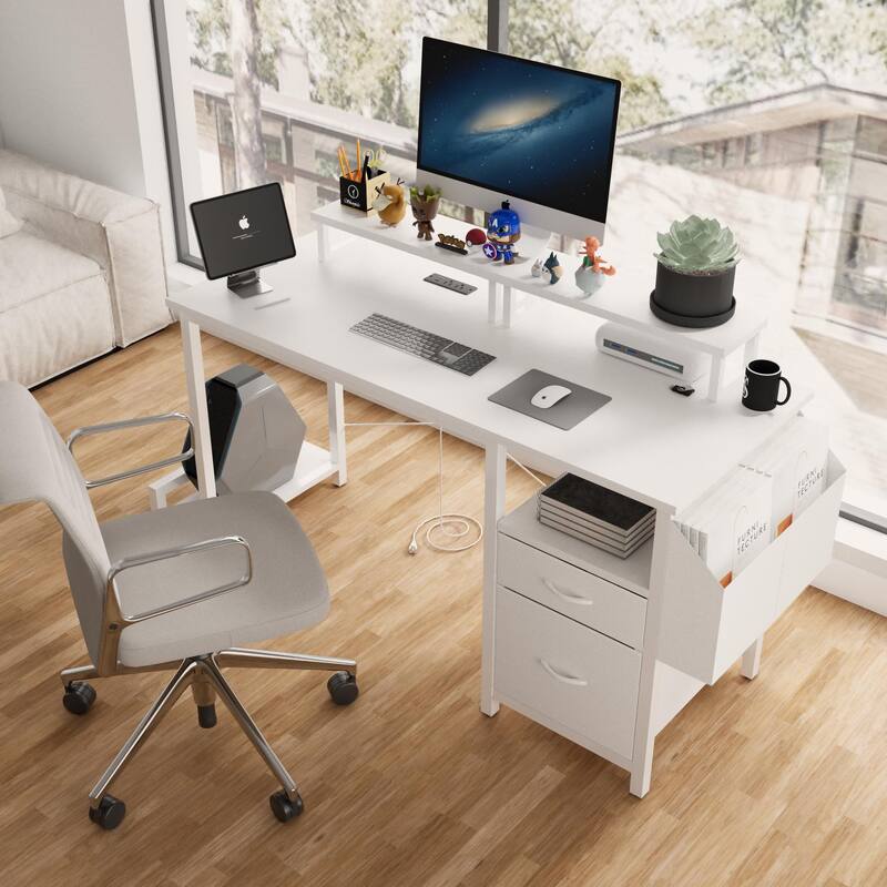 Anmytek Sturdy Office Desk with Power Outlet 2 Monitor Stands 2 Drawers Side Pocket Reversible Frame