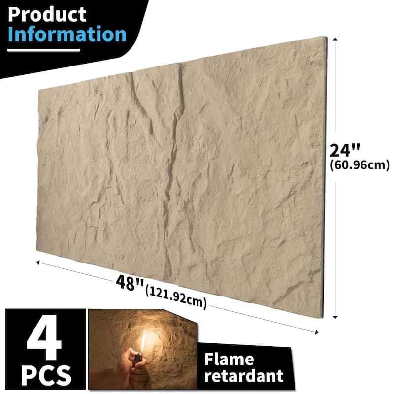 Art3d 24" x 48" Texture 3D Wall Panels,PU Wall Panels for Interior Wall Decor in Stone Yellow,4-Pack - 24X48