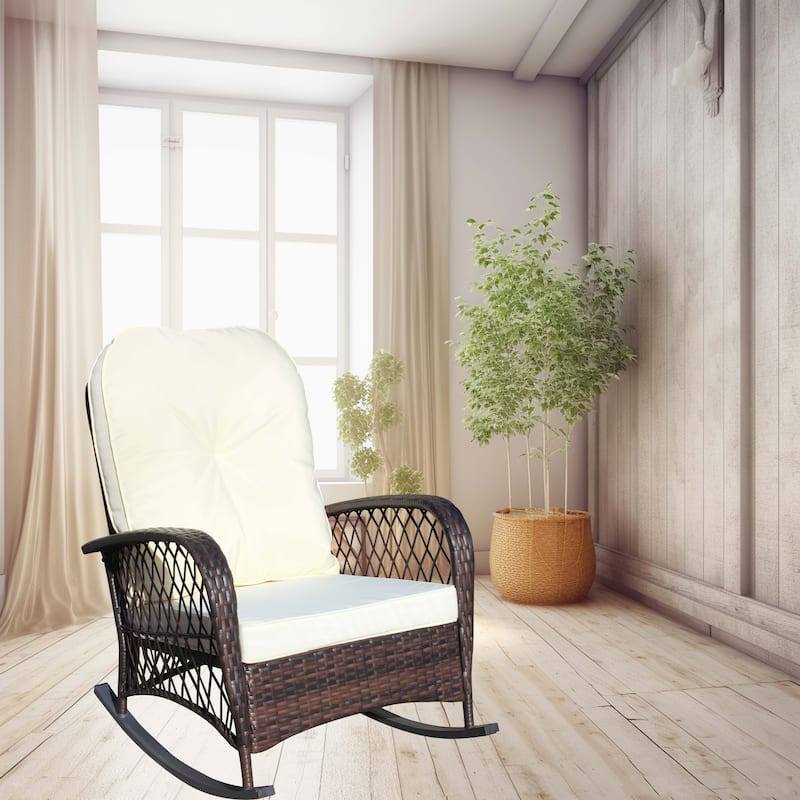 Outdoor Wicker Rocking Chair with Wide Seat, All- Weather Rattan Armchair for Poolside, Garden, Porch, Backyard