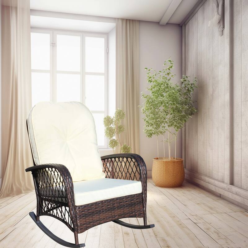 Outdoor Wicker Rocking Chair with Wide Seat, High Weight Capacity for Patio, Garden, Backyard, Beige