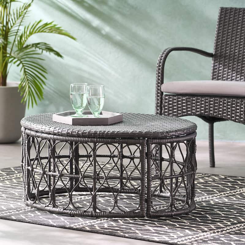 Roomfitters Bruce Outdoor Wicker Coffee Table with Looped Design, Boho Patio Centerpiece Table, Grey