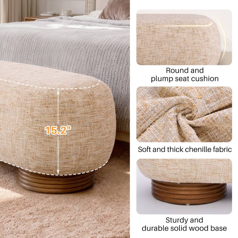 59-Inch Chenille Upholstered Ottoman Bench with Acacia Solid Wood Frame - 59.1"L x 19.1"H x 20.1"D