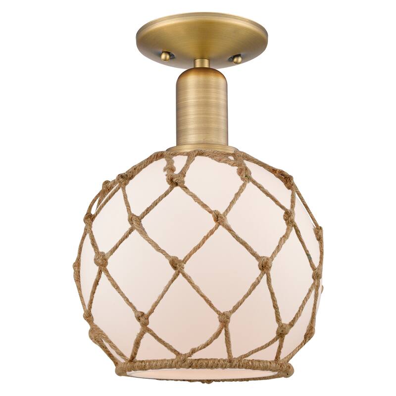 Innovations Lighting Endless Possibilities Arcadia - Farmhouse Rope - 1 Light 8" Semi-Flush Mount - White Glass with Brown Rope/Brushed Brass