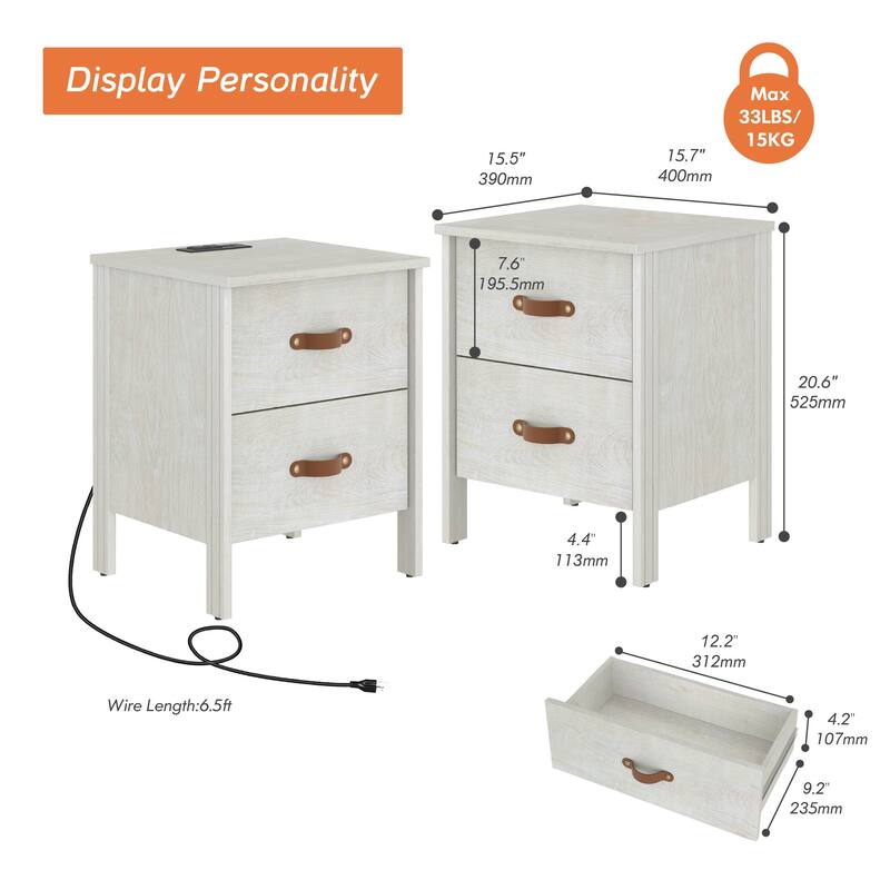 WAMPAT White Nightstand with Charging Station,Bedside Table with 2 Drawer，Set 2