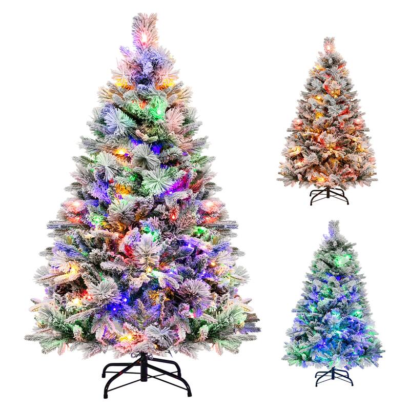 Gymax 4.5/6/7 FT Pre-Lit Artificial Christmas Tree Snow-Flocked Hinged