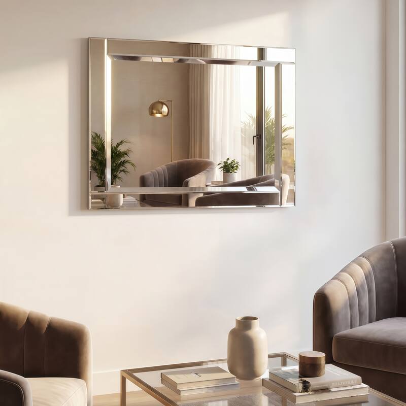 Beveled Rectangle 1"-Beveled Center Wall Mirror with Solid Wood Frame - Clear