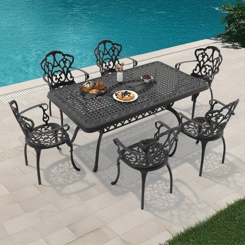 7-Piece Cast Aluminum Outdoor Dining Set with 66.93'' L X 37.40'' W Rectangular Table and Seat Cushions