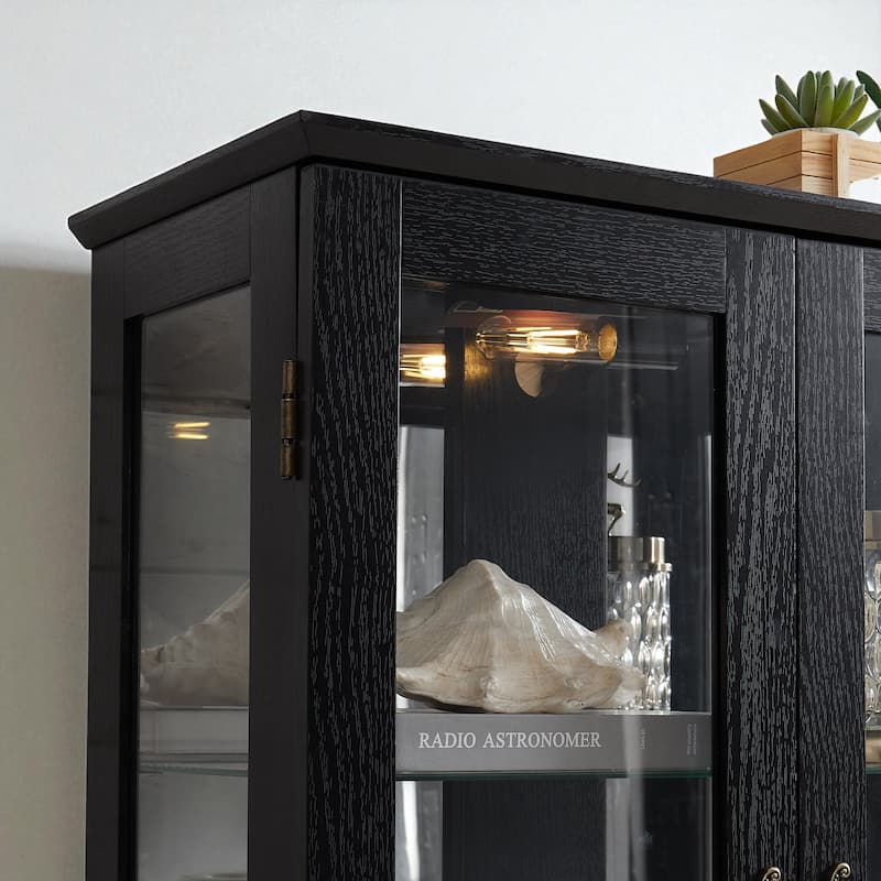 Lighted Glass Curio Cabinet with Adjustable Shelves, 2-Door Display Cabinet with Drawer and Built-in Bulb, Retro Accent Storage