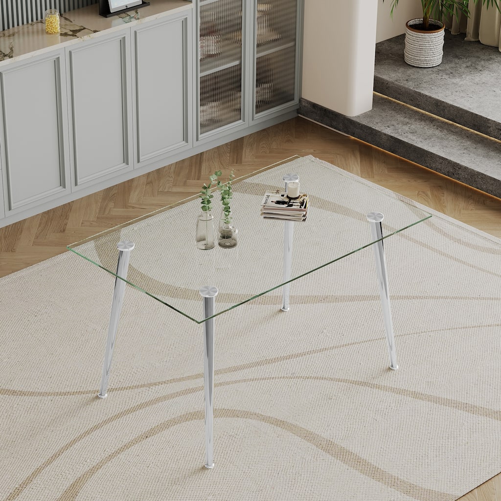 0.32" Thick Tempered Glass Top Dining Table with Silver Stainless Steel Legs Suitable for Dining Room Kitchen
