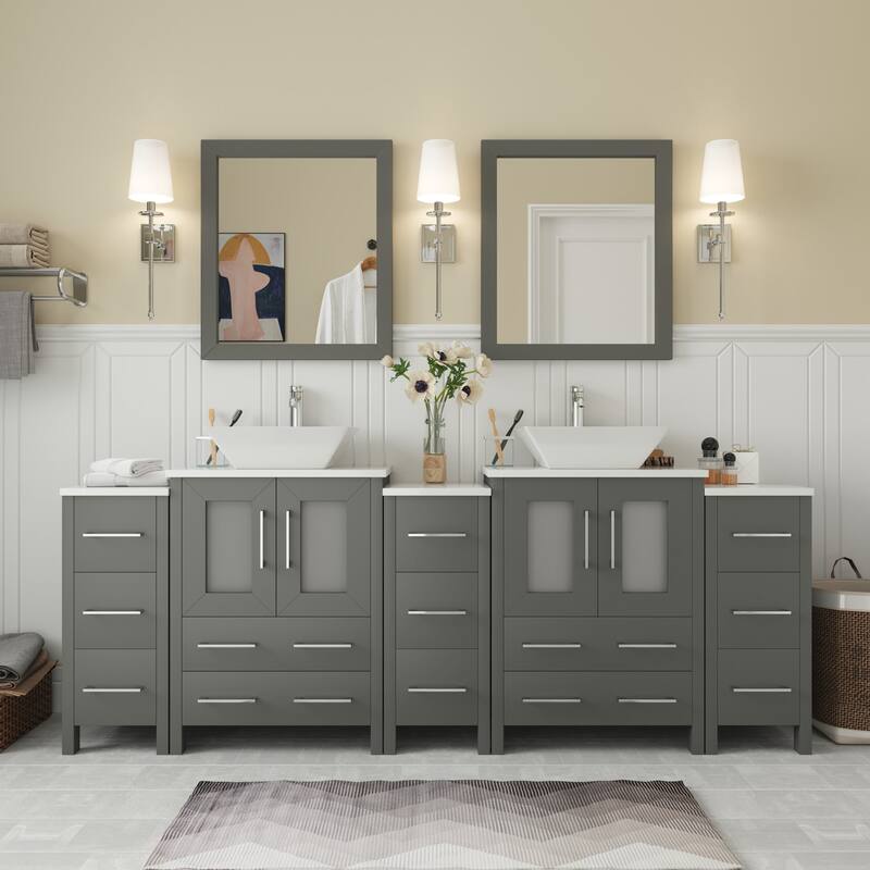 Vanity Art 84-Inch Double Sink Bathroom Vanity Set with Engineered Marble Top and Free Mirror - 84 W X 18.5 D X 31.1 H - Grey