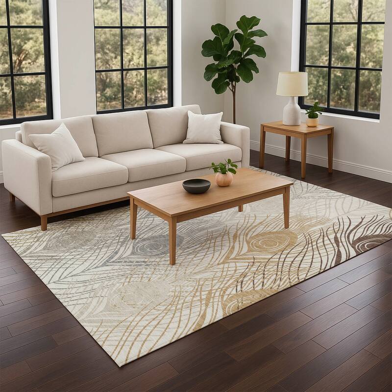 Machine Washable Indoor/ Outdoor Modern Peacock Chantille Rug