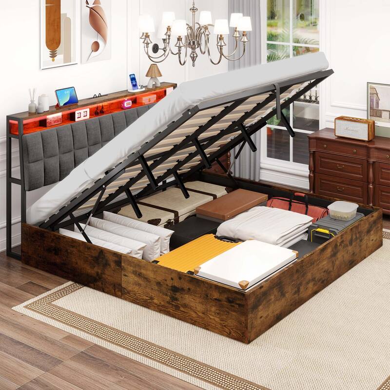 Moasis Lift-Up Storage Bed Frame with Charging Station & Storage Headboard - With LED Light - King