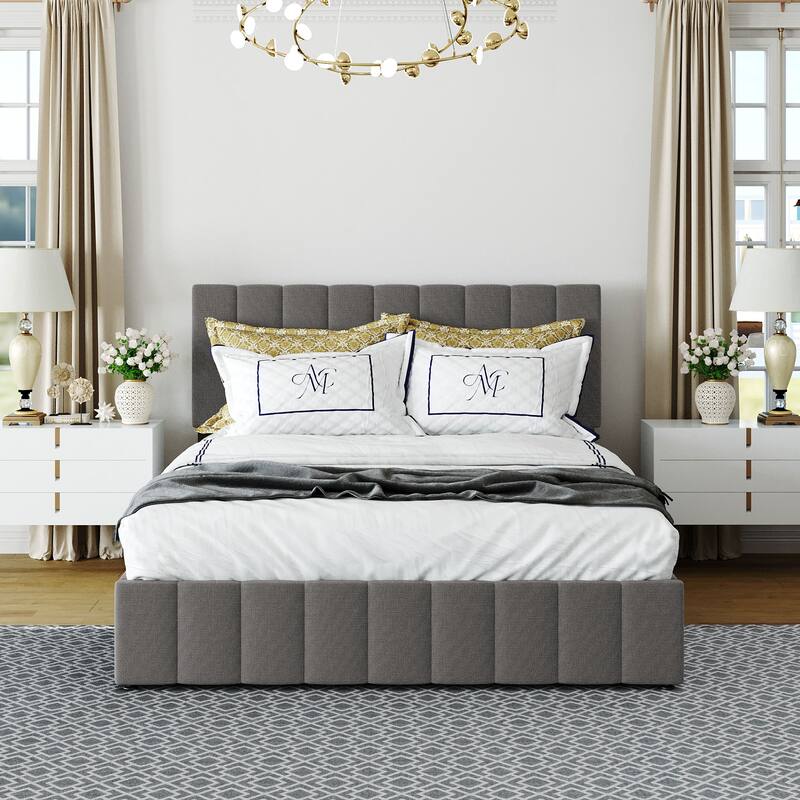 Linen Upholstered Platform Bed with a Hydraulic Storage System