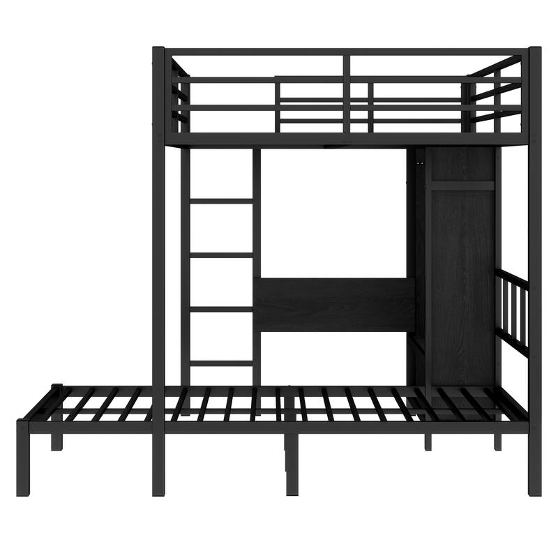 Roomfitters Full XL over Twin Metal Bunk Bed with Folding Desk, Built-in Closet & LED Lighting, Space-Saving Frame, Black