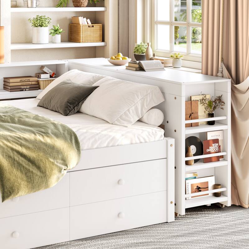Full/Twin Daybed with Trundle & Storage Drawers - Wood Frame with Side Shelves and Desk