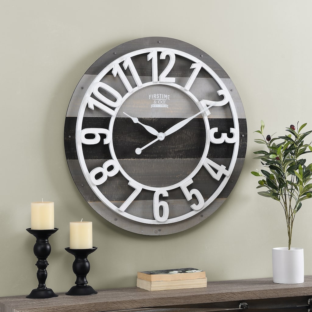 FirsTime & Co. Gray Shabby Farmhouse Planks Clock, American Crafted, Aged White, Wood, 27 x 1.75 x 27 in