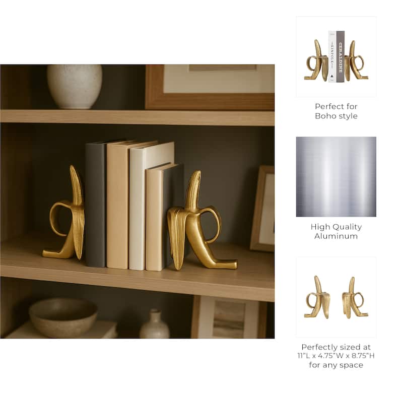 Decorative Metal Banana Sculptures Bookends - Modern Home - 11", Gold - 11.0"