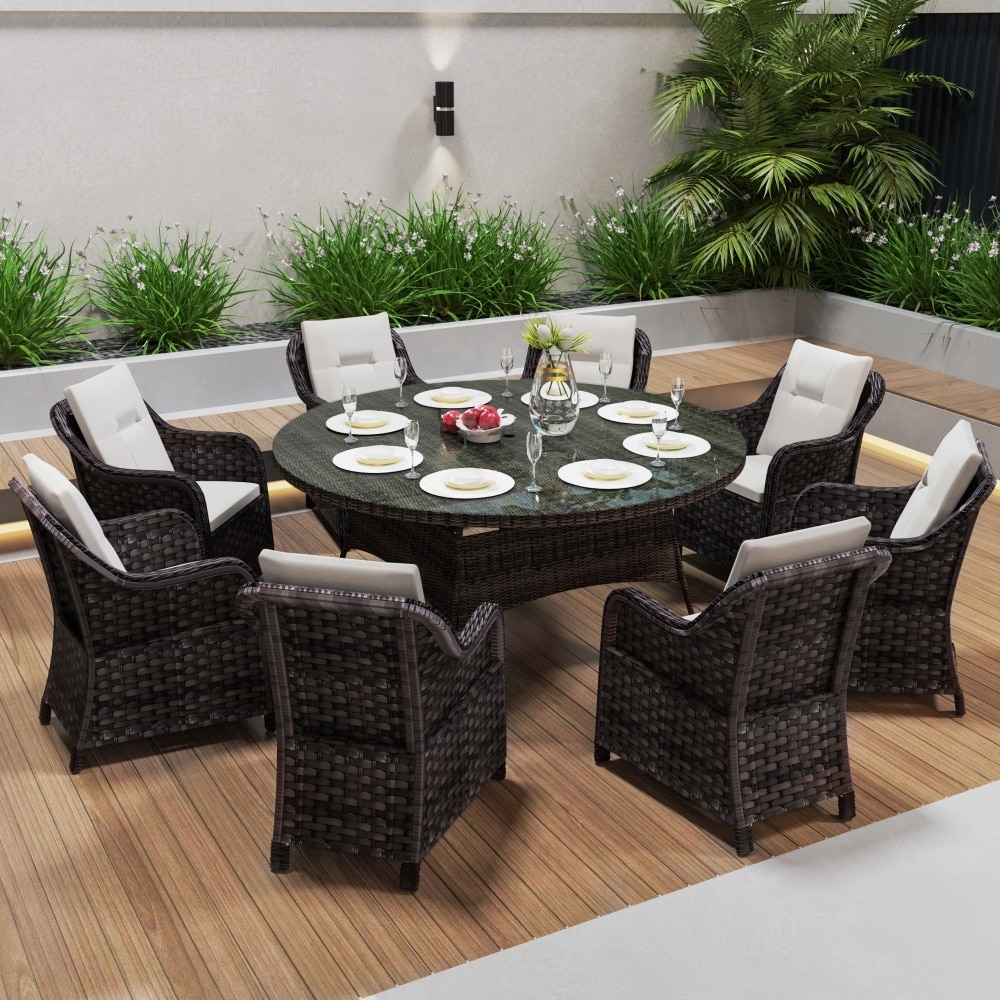 Modern 9-piece Outdoor Dining Table Set with Umbrella Hole & 8 Chairs