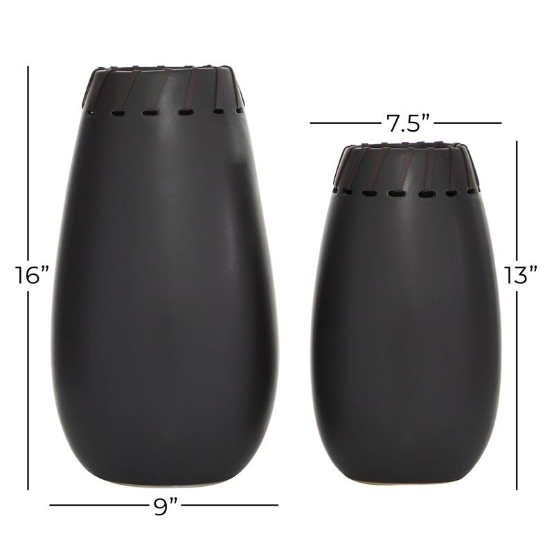 Black Ceramic Decorative Vase with Cut Out Patterns (Set of 2) - 9 x 9 x 16