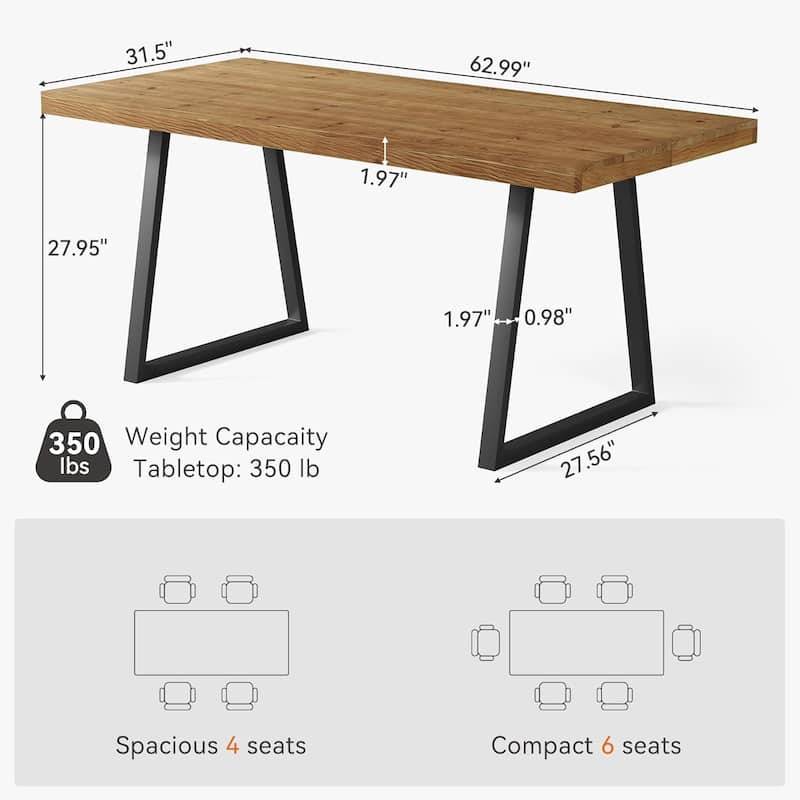 63" Solid Wood Industrial Dining Table for 4-6 People, Rectangular Kitchen Table with Heavy-Duty Metal Legs