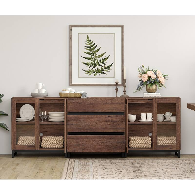 WAMPAT 3 in 1 Modern Sideboard with Glass Doors and 3 Drawers, Coffee Bar Cabinet for Kitchen