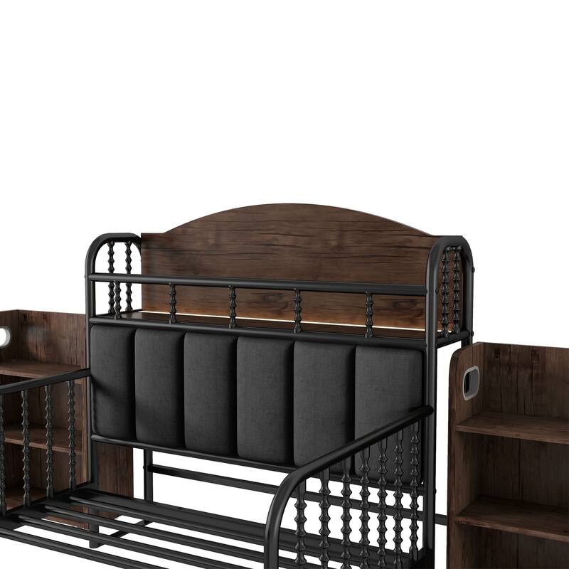 Kids Platform Bed Metal Frame with Linen Fabric Upholstered Storage Headboard Built-in Light Strip, Both Sides Rails