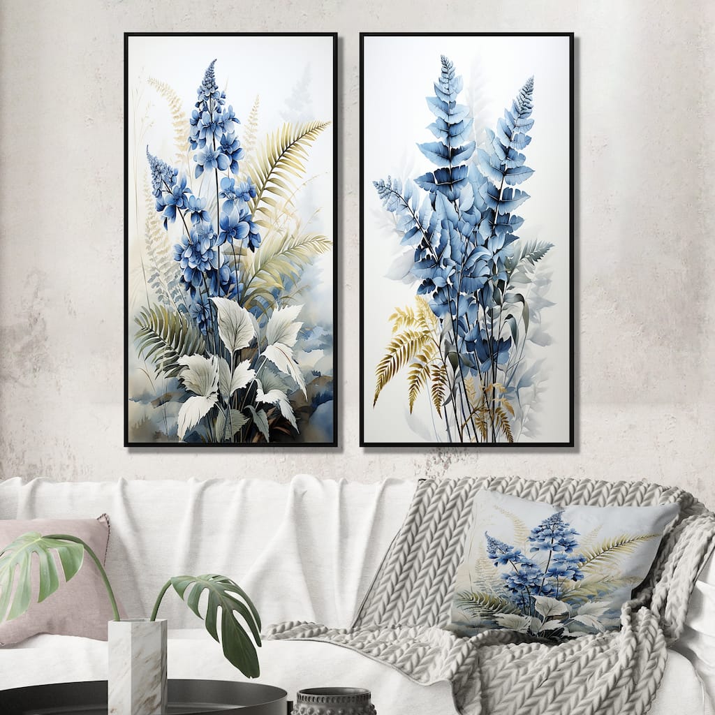 Designart "Ferns Sapphire Illumination" Ferns Framed Wall Art Set Of 2 - Blue Canvas Set For Living Room Decor