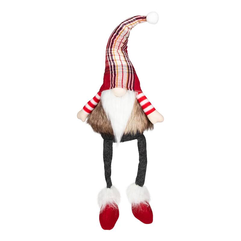 Plaid Gnome with Dangling Legs Christmas Figure - 20.5" - Red, Gray and White