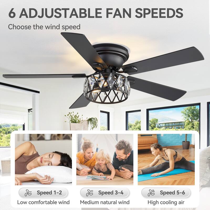 52" Flush Mount 5-Blade Modern Crystal Indoor Ceiling Fan with Light Kit and Remote