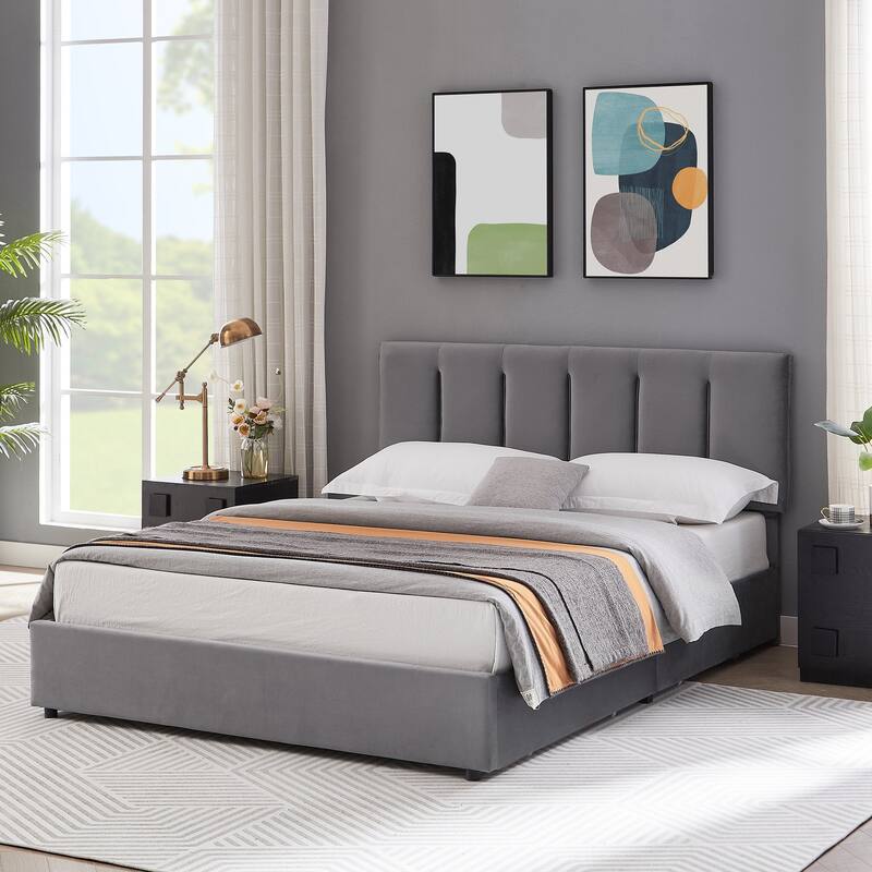 VECELO Bed Frame with 4 Storage Drawers, Upholstered Platform Bed Frame with Adjustable Headboard