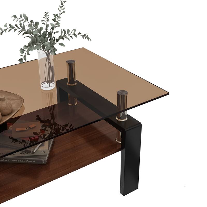 Rectangle Coffee Table, Tempered Glass Tabletop with MDF Layer, Modern Table for Living Room, Brown Glass