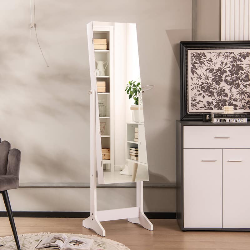 Gymax Standing Jewelry Cabinet Full Length Mirror Lockable w/ 3-Color