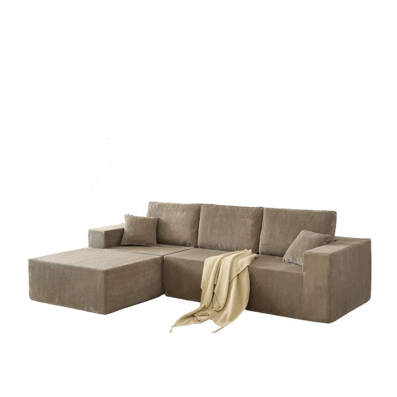 Modular L Shaped Sectional Sofa with Ottoman, Corduroy Boneless Cloud Sofa, 3 Seater Upholstered Sofa with 2 Pillows