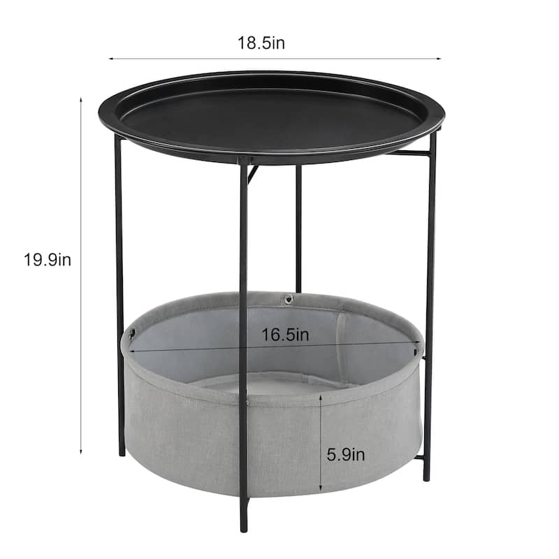 VECELO Small Round Side Table with Removable Tray & Fabric Storage Bin Easy 5-Min Assembly for Living Room Bedroom