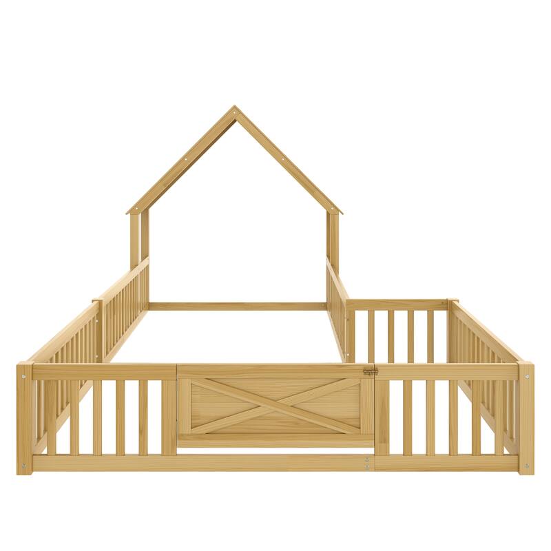 Full Size House Floor Bed, Double Full Floor Bed with Door and Full-length Guardrails, Multi-function Design