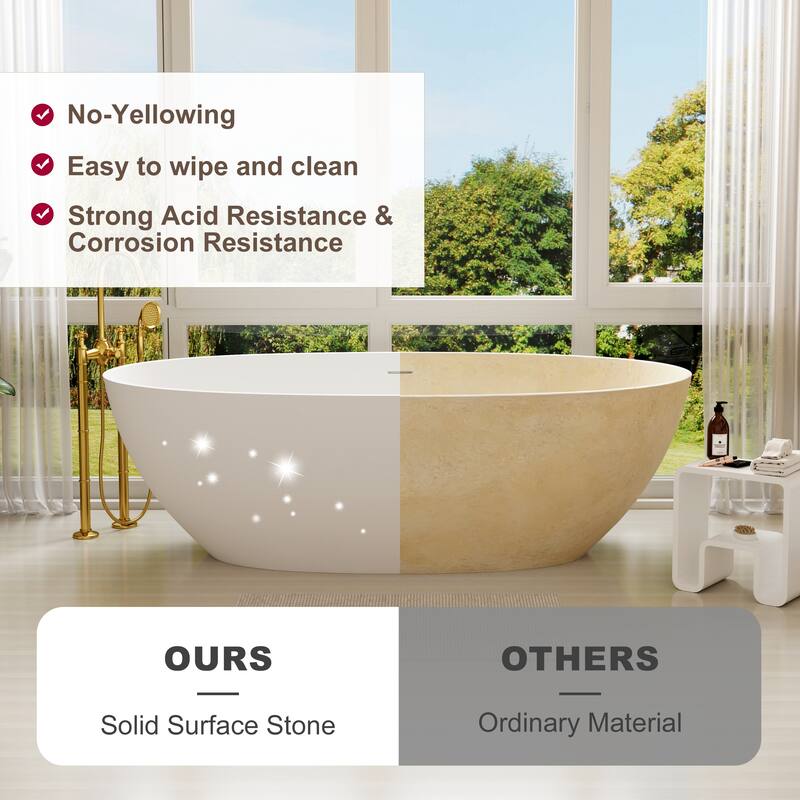 71 in. Freestanding Solid Surface Bathtub in Matte White, Luxury Deep Soaking Tub with Center Drain