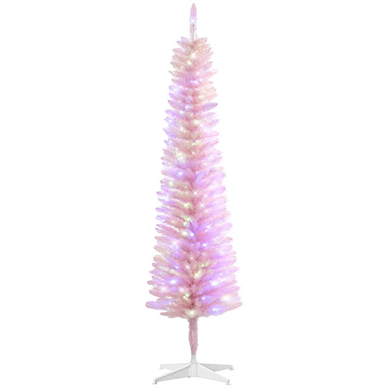 HOMCOM Pre-Lit Pencil Christmas Tree - Colorful Surface Branches, LED Lights, Pink