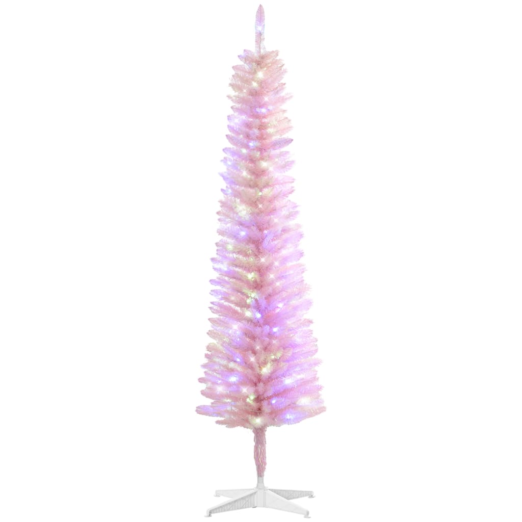 HOMCOM Pre-Lit Pencil Christmas Tree - Colorful Surface Branches, LED Lights, Pink
