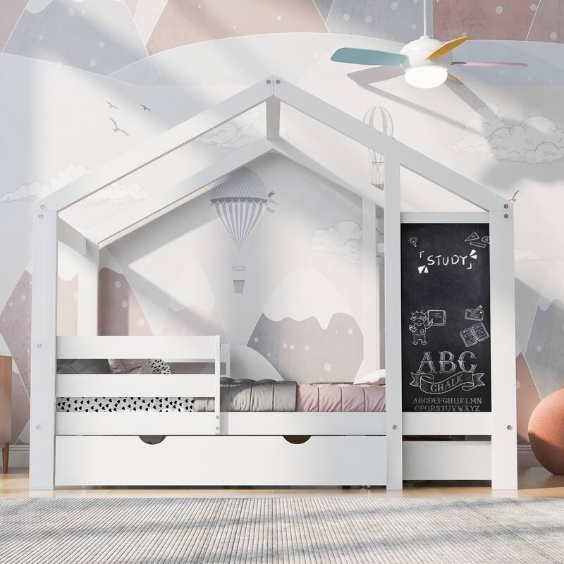 White Full House Bed with Blackboard, 3 Drawers & Protective Rails, 550LBS Capacity