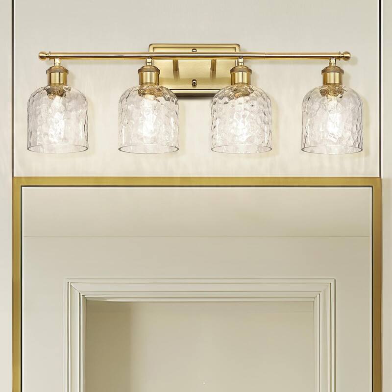 Bathroom Lighting with Clear Hammered Glass, Brushed Gold Finish - 4-Light