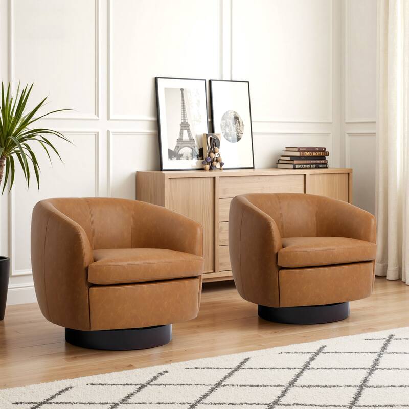 UIXE 2 Set Modern PU Leather Swivel Barrel Chairs Rounded Accent Chair - Light Brown