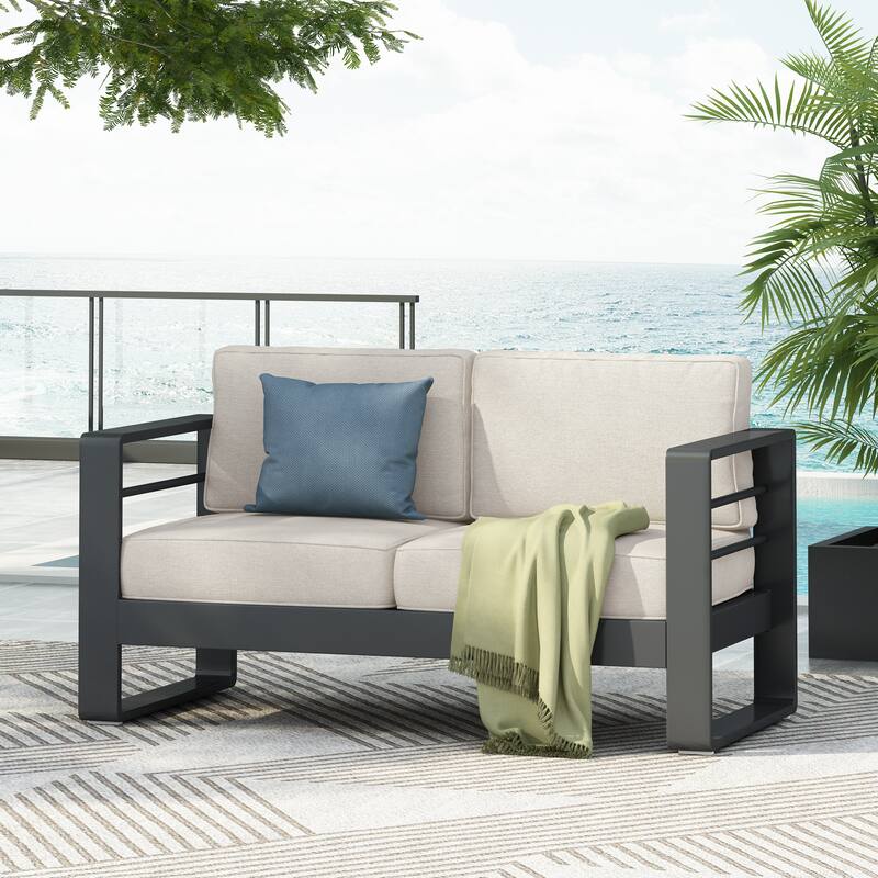 Roomfitters Maya Bay Outdoor Aluminum Loveseat with Rust Resistant Frame, Black and Beige