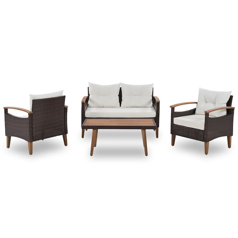 4-Piece Garden Furniture, Patio Seating Set, PE Rattan Outdoor Sofa Set, Wood Table and Legs, Brown and Beige