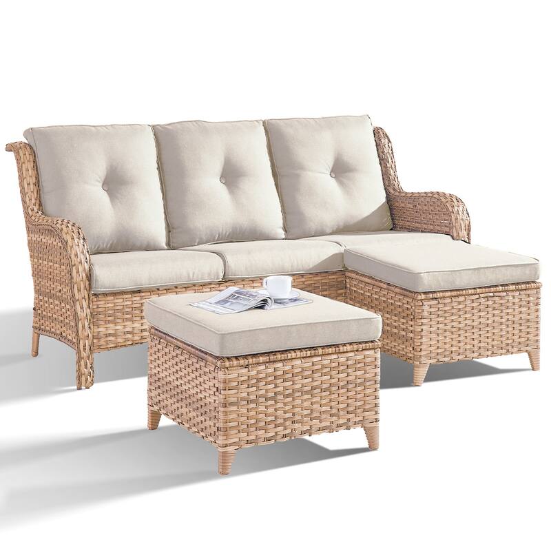 Outdoor 3-Piece Wicker Sofa Set with Ottoman