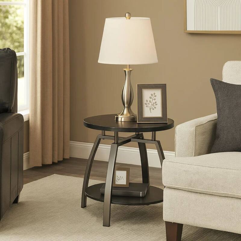 Dyn 23 Inch Round End Table, Open Shelf, Grayish Black Top, Gray Metal Legs