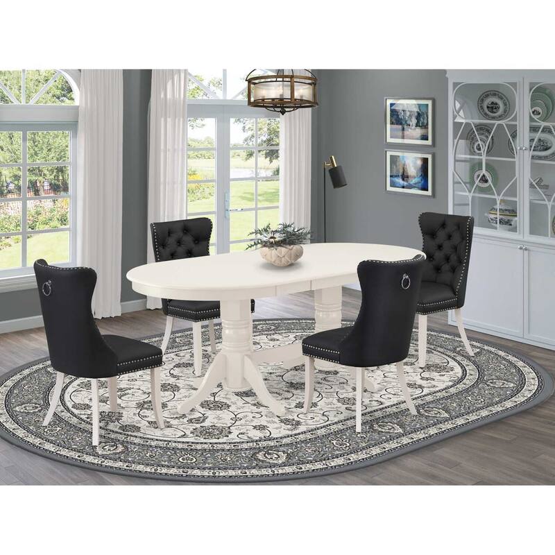 Linen White Kitchen Table Set with 4 Chairs - Oval Dining Table, Cottage Style