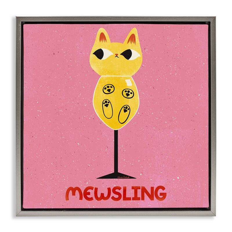Stupell Mewsling Cat Wine Framed Floater Canvas Wall Art Design By Carrie Cantwell - 18 x 18 - Grey
