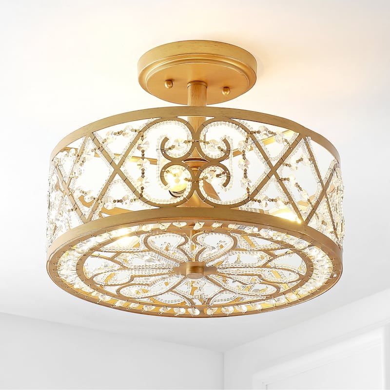Stella 3-Light 13.25" Iron/Crystal Modern Glam LED Flush Mount, Gold by JONATHAN Y
