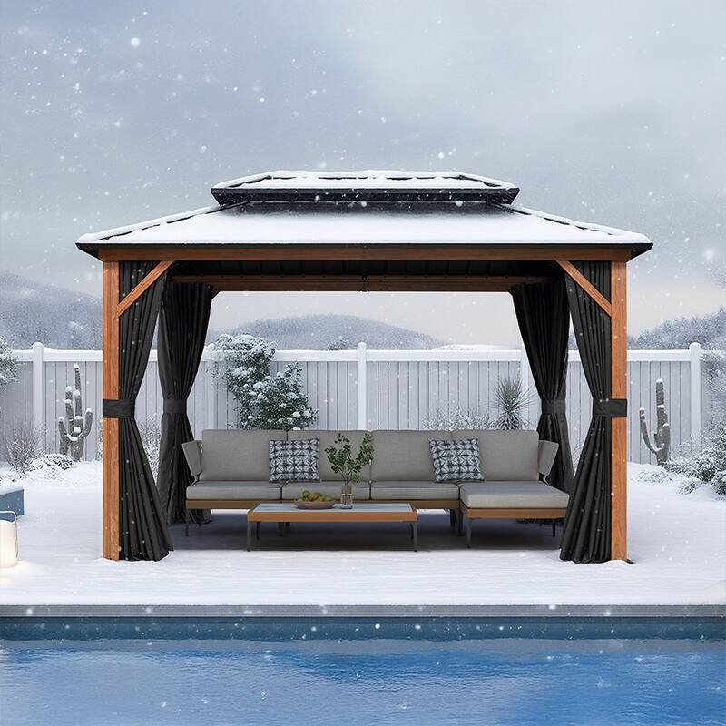 PURPLE LEAF Patio Hardtop Gazebo for Outdoor Wood Grain Aluminum Frame Galvanized Steel Double Roof and Backyard Garden